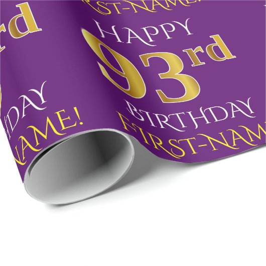 Paars Faux Gold "HAPPY 93rd BIRTHDAY" Cadeaupapier (Rol Hoek)
