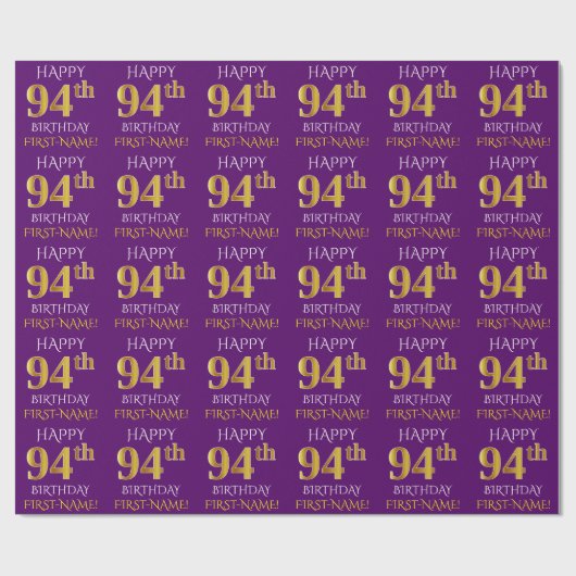 Paars Faux Gold "HAPPY 94th BIRTHDAY" Cadeaupapier (Vlak)