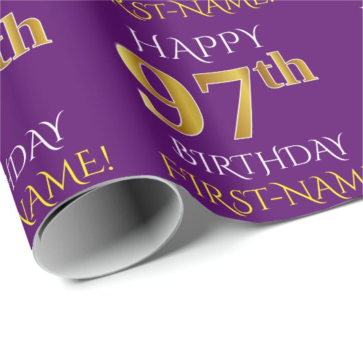 Paars Faux Gold "HAPPY 97th BIRTHDAY" Cadeaupapier (Rol Hoek)
