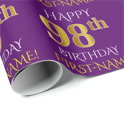 Paars Faux Gold "HAPPY 98th BIRTHDAY" Cadeaupapier (Rol Hoek)