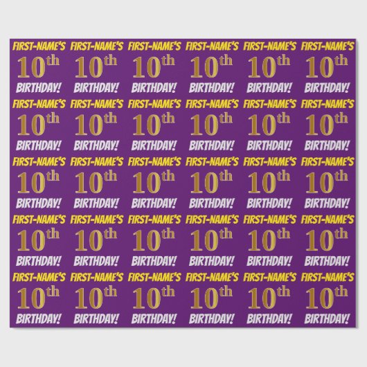 Paars, Faux/Imitation Gold, "10th BIRTHDAY" Cadeaupapier (Vlak)
