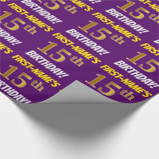 Paars, Faux/Imitation Gold, "15th BIRTHDAY" Cadeaupapier (Hoek)