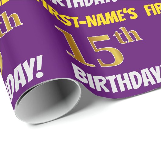 Paars, Faux/Imitation Gold, "15th BIRTHDAY" Cadeaupapier (Rol Hoek)