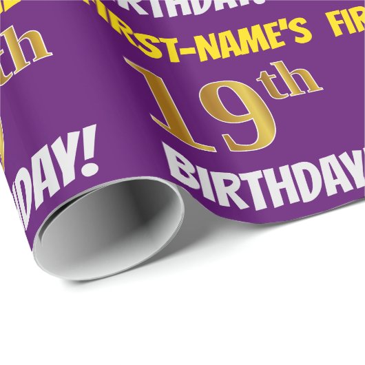 Paars, Faux/Imitation Gold, "19th BIRTHDAY" Cadeaupapier (Rol Hoek)