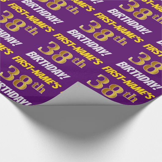 Paars, Faux/Imitation Gold, "38th BIRTHDAY" Cadeaupapier (Hoek)