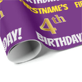 Paars, Faux/Imitation Gold, "4th BIRTHDAY" Cadeaupapier (Rol Hoek)
