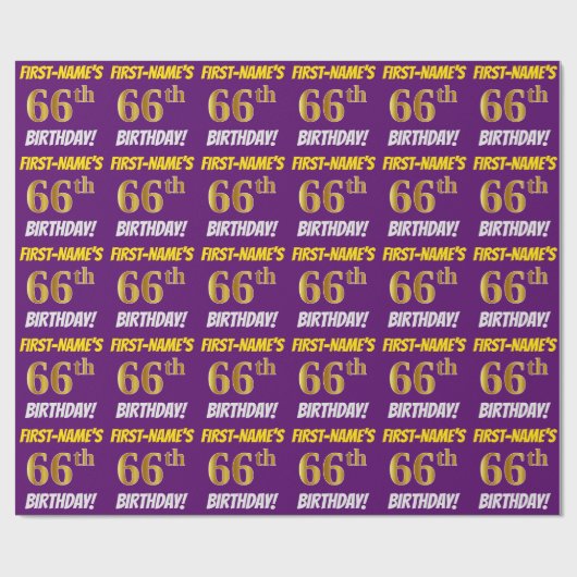 Paars, Faux/Imitation Gold, "66th BIRTHDAY" Cadeaupapier (Vlak)