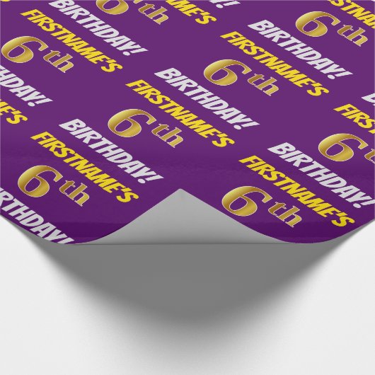 Paars, Faux/Imitation Gold, "6th BIRTHDAY" Cadeaupapier (Hoek)