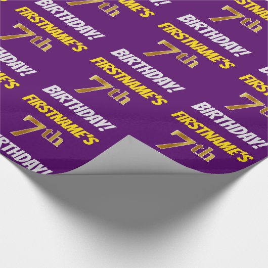 Paars, Faux/Imitation Gold, "7th BIRTHDAY" Cadeaupapier (Hoek)