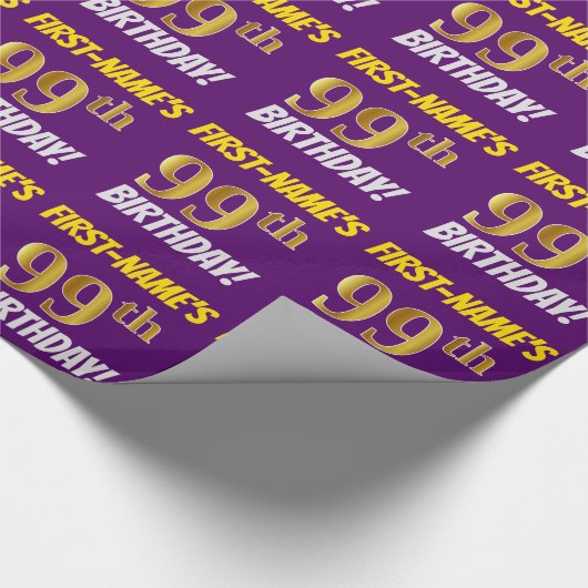 Paars, Faux/Imitation Gold, 99th BIRTHDAY Cadeaupapier (Hoek)