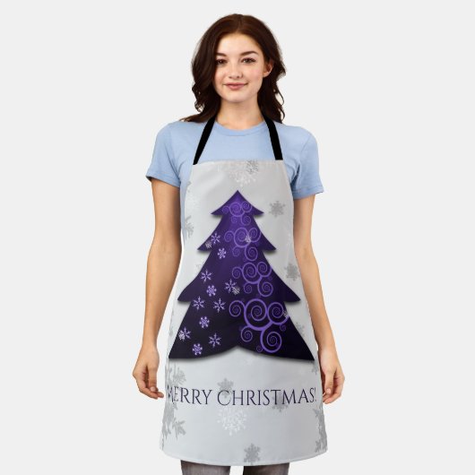 Paars feestelijk Schort met kerstbomen (Gedragen)