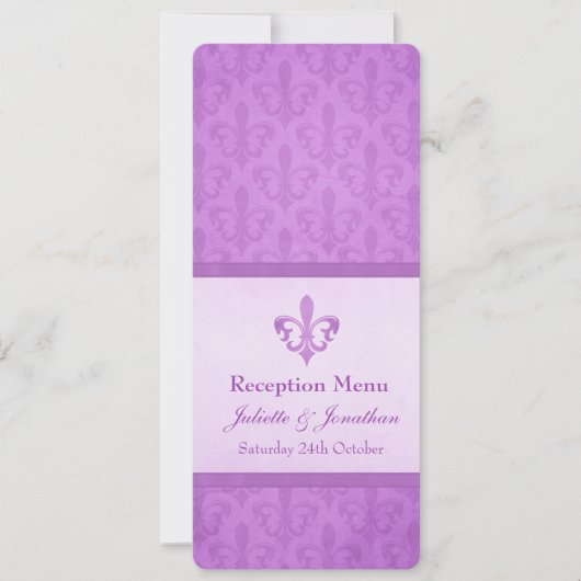 Paars Fleur De Lis-trouwdiner Kaart (Voorkant)