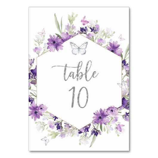 Paars floraal zilver-vlindernummer kaart (Voorkant)