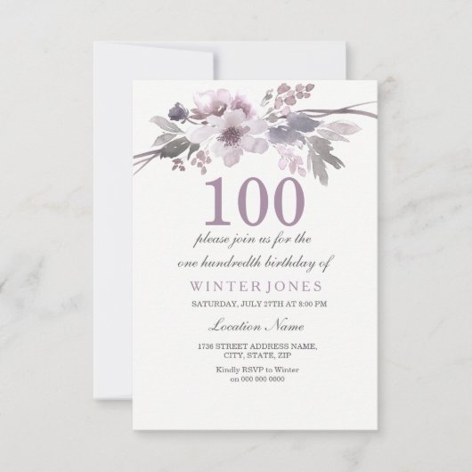  Paars Floral 100e verjaardag van de uitnodiging (Voorkant)