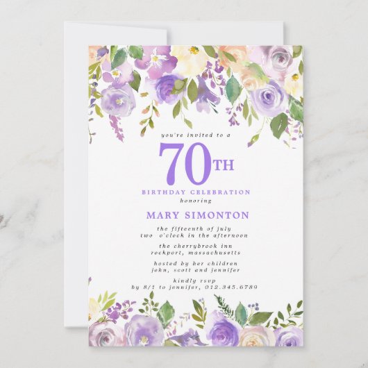 Paars Floral 70e verjaardag van de geboorte Kaart (Voorkant)