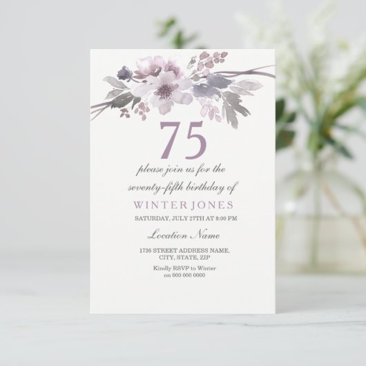  Paars Floral 75e verjaardag van de uitnodiging (Staand voorkant)