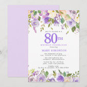  Paars Floral 80e verjaardag van de geboorte Kaart (Voorkant / Achterkant)