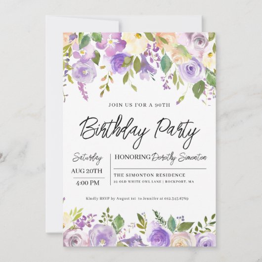  Paars Floral 90e verjaardag van de geboorte Kaart (Voorkant)