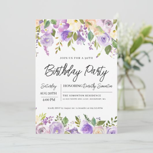 Paars Floral 90e verjaardag van de geboorte Kaart (Staand voorkant)