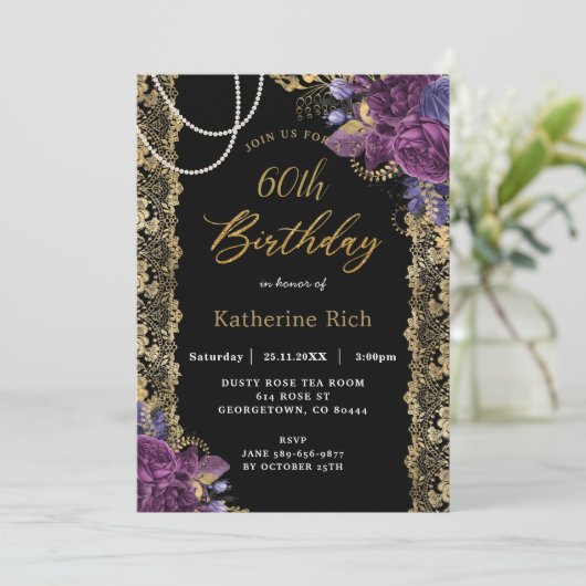  Paars Floral Antiek Gold Lace Birthday I Kaart (Staand voorkant)