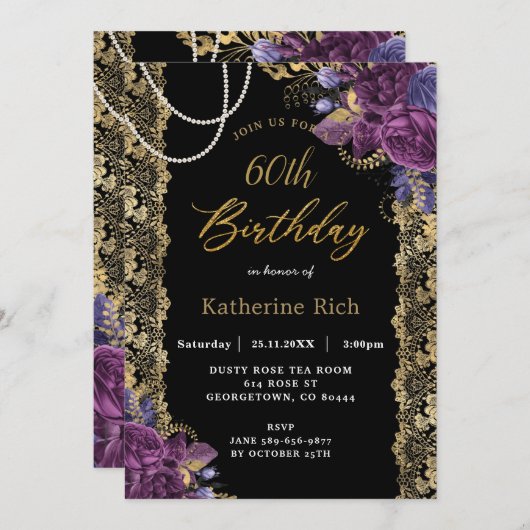  Paars Floral Antiek Gold Lace Birthday I Kaart (Voorkant / Achterkant)