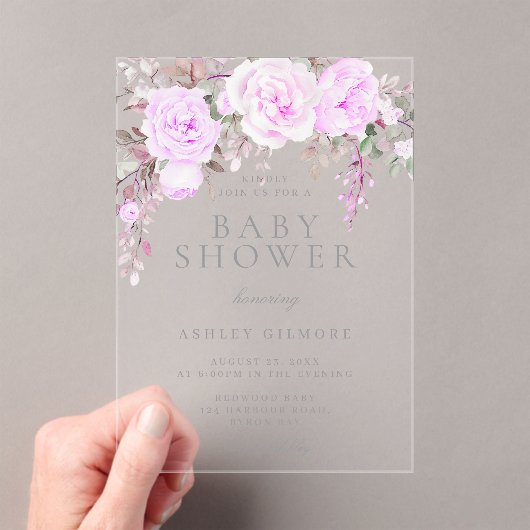 Paars Floral Baby shower Acryl Uitnodigingen (Insitu (Draagbaar))