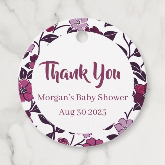 Paars Floral Baby shower Bedankjes Labels (Voorkant)