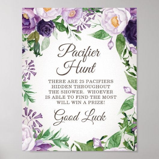 Paars Floral Baby shower Pacifier Hunt Game Poster (Voorkant)