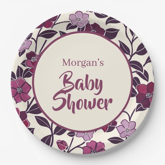Paars Floral Baby shower Papieren Bordje (Voorkant)