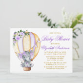 Paars Floral Balloon Elephant Bow Baby shower Kaart (Staand voorkant)