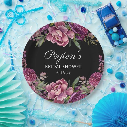 Paars Floral Black Vrijgezellenfeest Naam Datum Papieren Bordje (Feest)