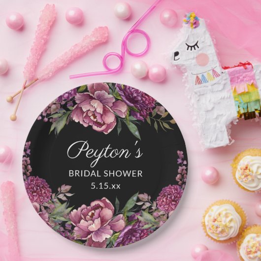 Paars Floral Black Vrijgezellenfeest Naam Datum Papieren Bordje (Feest)