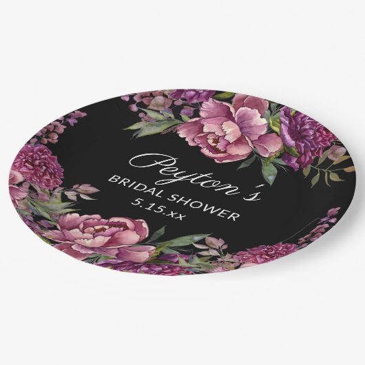 Paars Floral Black Vrijgezellenfeest Naam Datum Papieren Bordje (Gekanteld)