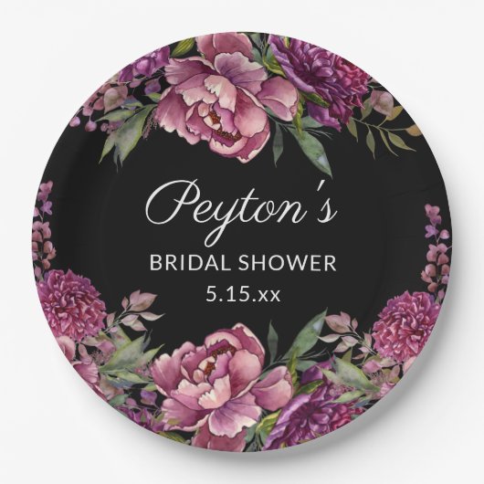 Paars Floral Black Vrijgezellenfeest Naam Datum Papieren Bordje (Voorkant)
