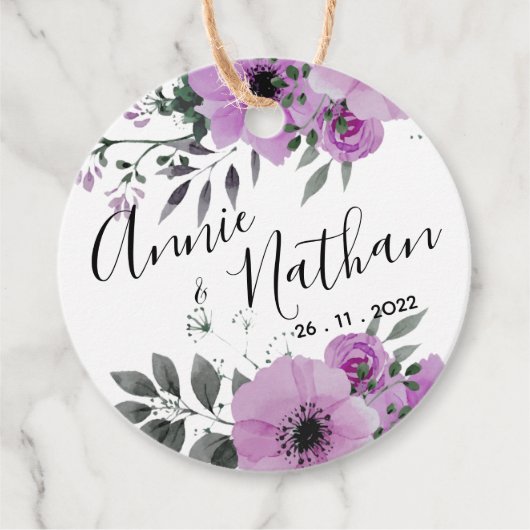 Paars Floral Cute Romantic Script Weduwschap Bedankjes Labels (Voorkant)