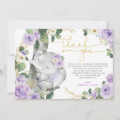 Paars Floral Elephant Baby shower Hartelijk dank Kaart (Voorkant)