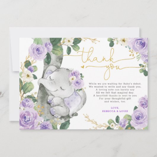 Paars Floral Elephant Baby shower Hartelijk dank Kaart (Voorkant)