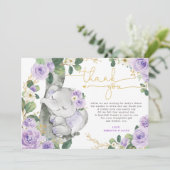 Paars Floral Elephant Baby shower Hartelijk dank Kaart (Staand voorkant)