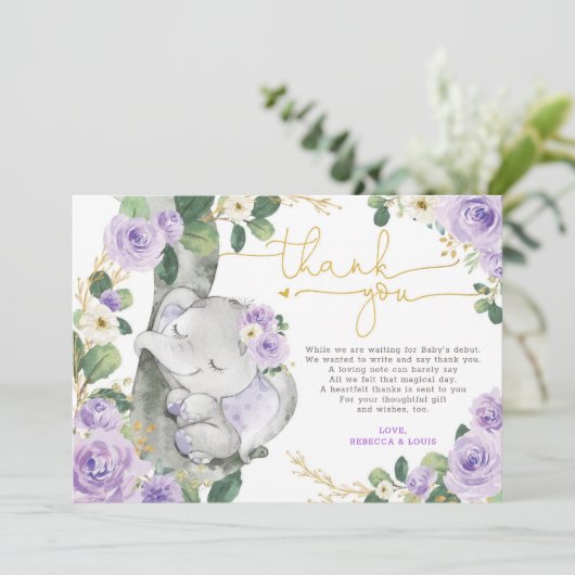 Paars Floral Elephant Baby shower Hartelijk dank Kaart (Staand voorkant)