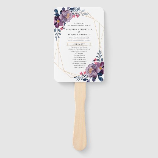 Paars Floral Geometric Botanical Wedding Programme Handwaaier (Voorkant)