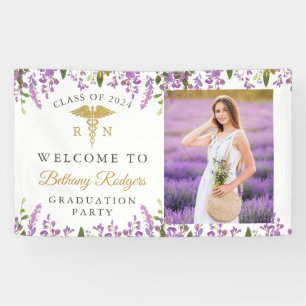 Paars Floral Gold RN Nursing Afstuderen Foto Spandoek