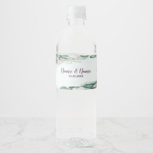 Paars Floral Green Foliage Rustige bruiloft Waterfles Etiket (Voorkant)