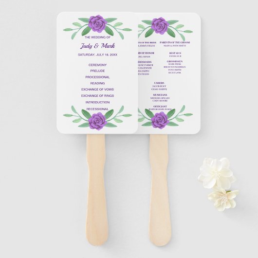 Paars Floral Greenery Foliage Wedding Programme Handwaaier (Voorkant en achterkant)