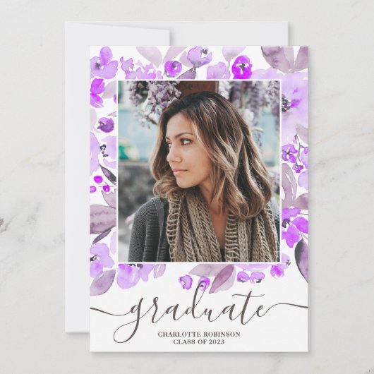 Paars floral greenery script 3 foto's afstuderen kaart (Voorkant)