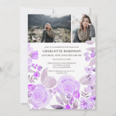 Paars floral greenery script 3 foto's afstuderen kaart (Achterkant)