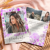 Paars floral greenery script 3 foto's afstuderen kaart