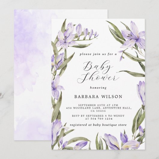 Paars Floral Greenery Waterverf Baby shower Kaart (Voorkant / Achterkant)