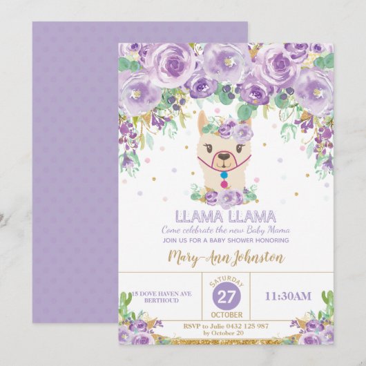 Paars Floral Llama Mama Baby shower Kaart (Voorkant / Achterkant)