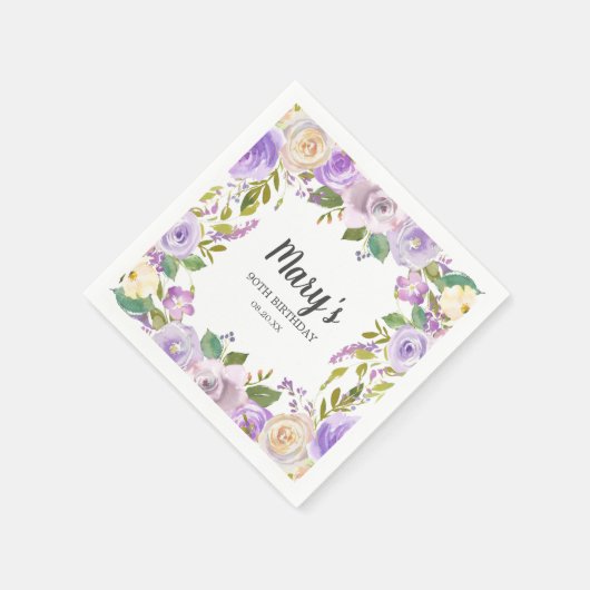 Paars Floral Monogram 90th Birthday Party Napkins Servet (Hoek)