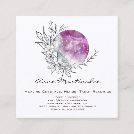 Paars Floral Moon Square Visitekaartje (Achterkant)